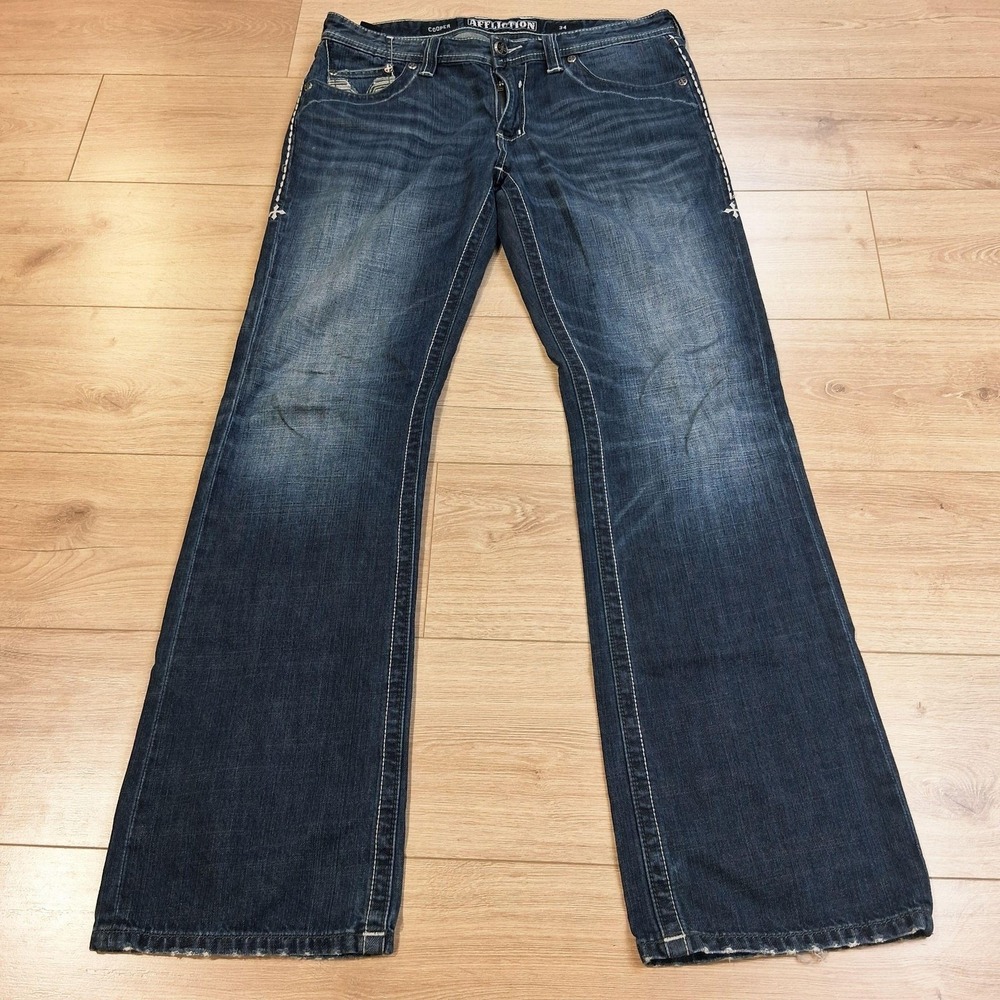 Affliction Cooper Jeans Mens 34x34 Blue Dark Wash Bootcut Denim Distressed Y2K